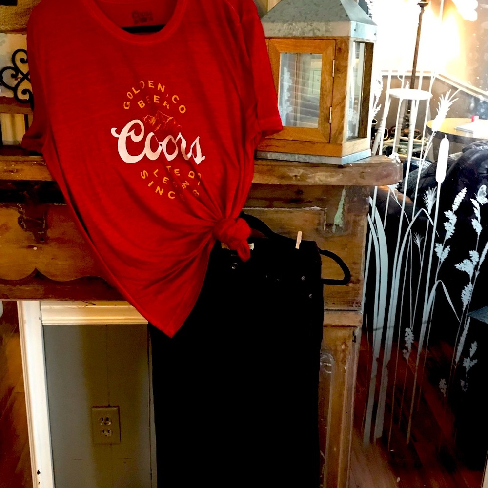 Women’s size L Coors tshirt with size 3 brown velvet pants, Vintage look